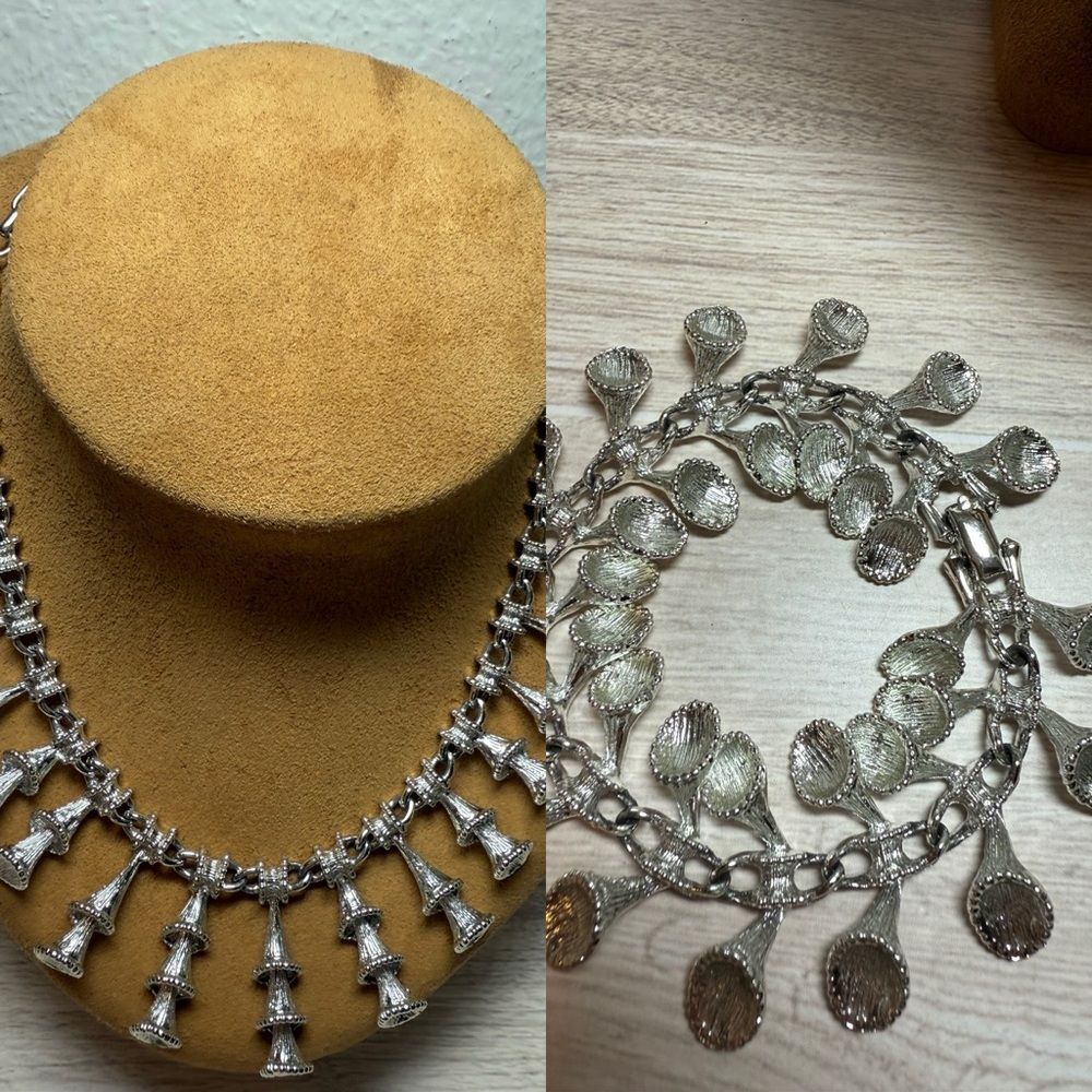 Heavy Silver-Tone Trumpet Drop Necklace & Matching Collar Set Non-Magnetic - Picture 2 of 10